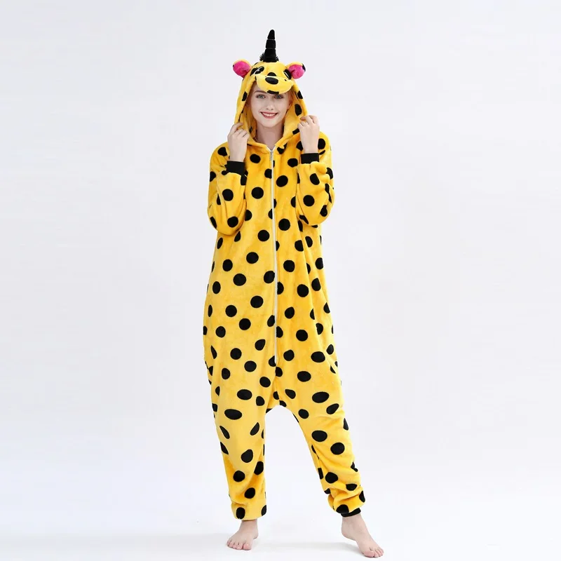 Yellow Dot Zipper Мужской женский животный единорог Pegasus пижамы косплей с капюшоном для взрослых Рождество мягкая домашняя одежда зима женщины панда пижамы комбинезон кигуруми пижама единорог женская ночнушка - Цвет: Yellow Dot Zipper