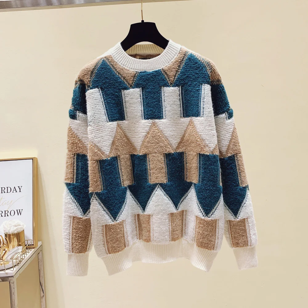 

Winter Women Pullover Sweater Loose Big Size Argyle Knitted Green Arrow Women Clothing Long Sleeve Warm Out Wear For Female