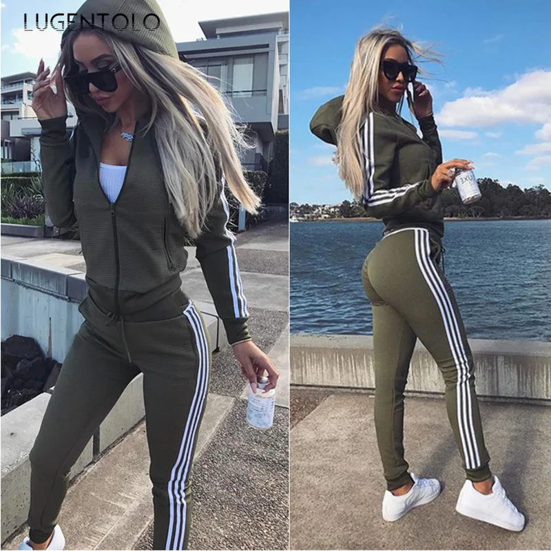 

2 Piece Set Women Casual Autumn Hooded Long Sleeve Zipper Tops Straight Solid Long Pants New Sports Female Sets Lugentolo