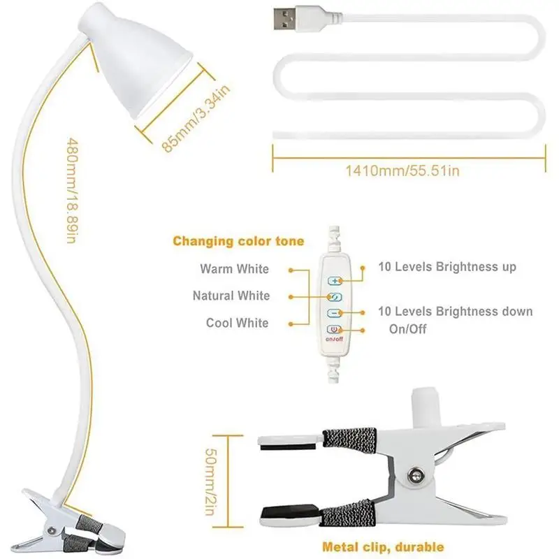 

2021 Reading Table Lamp with Clip 360 Flexible Gooseneck 10 Brightness Dimmable Desktop Lamp Bedside Reading Light