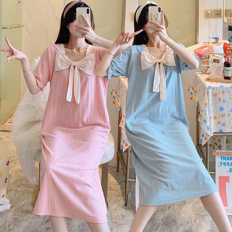 

Sweet Bow Princess Short Sleeve Cotton Nightgowns for Women Summer Long Dress Sleepwear Night Dress Nightdress Home Dress Nighty