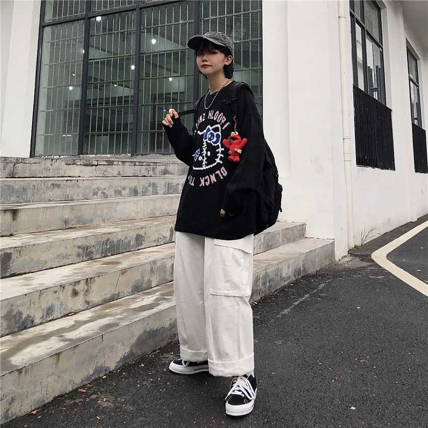 

Harajuku Women'S Sweater Pullover Japanese Cartoon Cat Print Lazy Style Loose Large Size Casual Pullover Ladies Sweater
