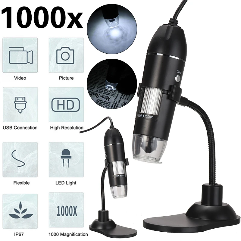 

1000X USB Digital Microscope Electronic Microscope Camera Endoscope 8 LED Magnifier Adjustable Magnification with Stand For PC