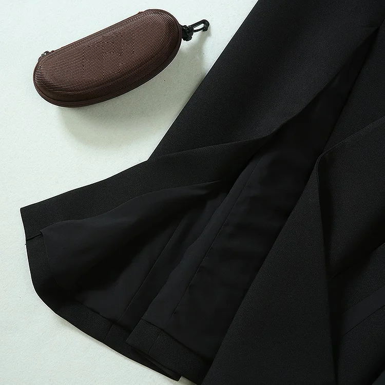 

Black Long Coats High Quality Designer Women Turn-down Collar Golden Buttons Up Belt Patchwork Split Long Casual Overcoat Female