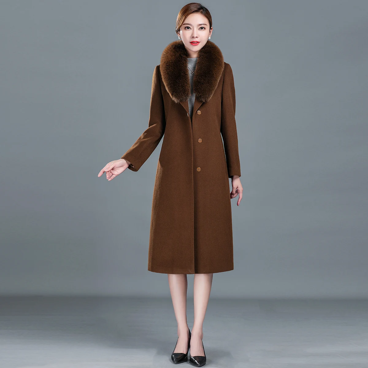 Осенне-зимнее пальто из лисьего меха Женское шерстяное женские длинные куртки