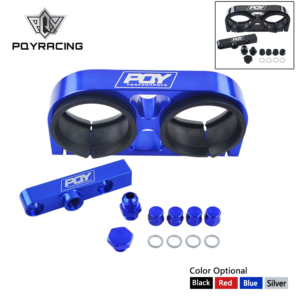 

PQY Twin Fuel Pump Bracket Billet Aluminium Assembly OUTLET Manifold In Black for 044 fuel pump With PQY Logo PQY-LD2642-QY