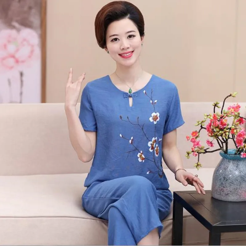 Middle-aged mother short-sleeved suit female summer cotton linen pajamas two-piece set women's home clothes out wear pijama 4XL