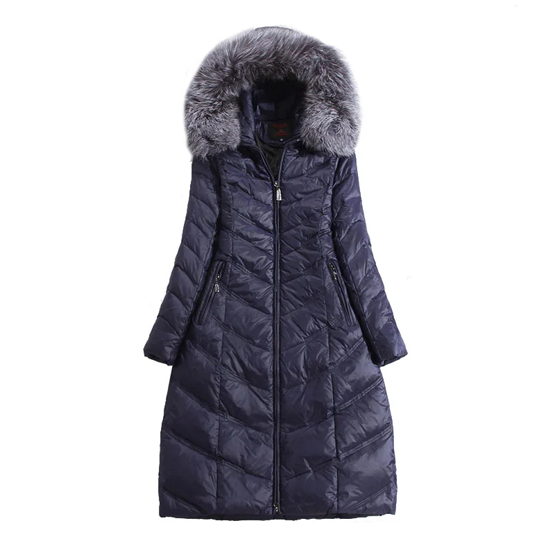 Royal blue Зимний пуховик s для женщин, длинный дизайн, Воротник из меха серебристой лисы, 90% белый утиный пух, пальто с капюшоном размера плюс M-3XL, WD1606 - Цвет: Royal blue