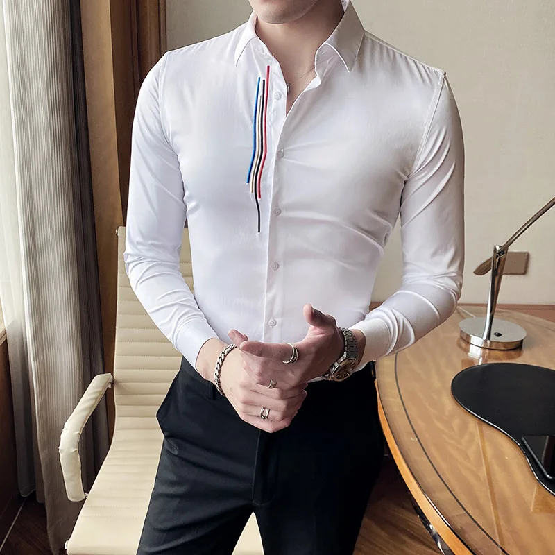 

2021 New style Men spring slim fit High quality Long sleeves business shirts/Male lapel leisure Tops Dress shirts White blue 4XL