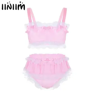 Комплект нижнего белья Sissy Fun для мужчин, кружевной прозрачный шифоновый кроп-топ без рукавов с оборками, пикантное ночное белье