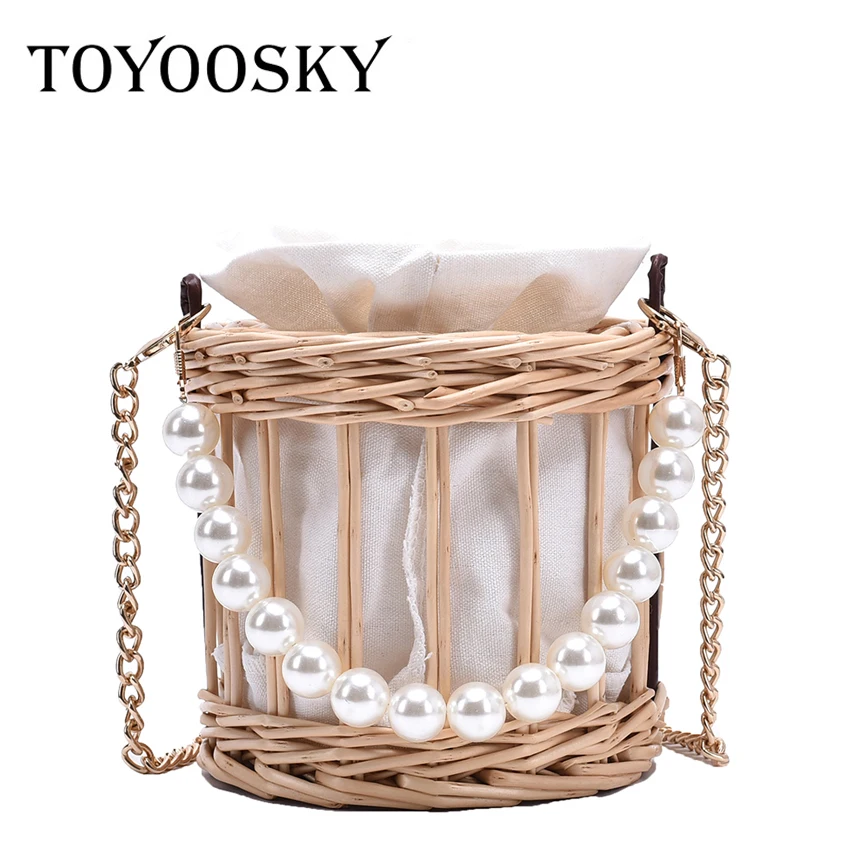 

TOYOOSKY Pearl Handle Woven Tote Bag 2020 Summer New High-quality Straw Women's Designer Handbag Rattan Basket Crossbody Bag