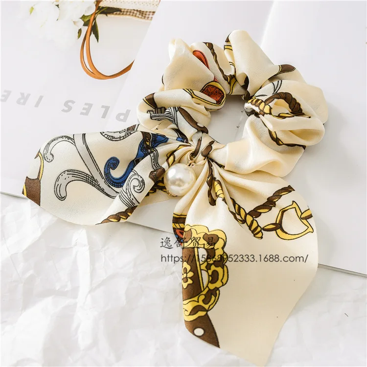 

2019 Chiffon Bowknot Silk Hair Scrunchies Women Pearl Ponytail Holder Hair Tie Hair Rope Rubber Bands Hair Braiders Accessories