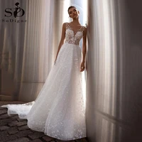 sodigne shiny wedding dresses 2021 sexy v neck llace 3d flower boho bridal dress glitter princess wedding gowns with train