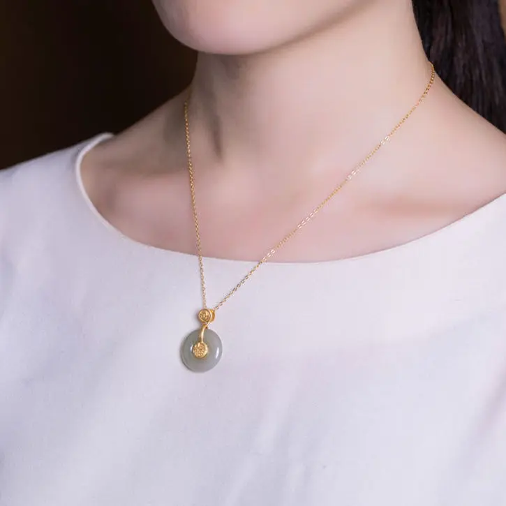 

Original New silver inlaid natural Hetian Qingyu Fu character round safety buckle Pendant Necklace Chinese women's brand jewelry