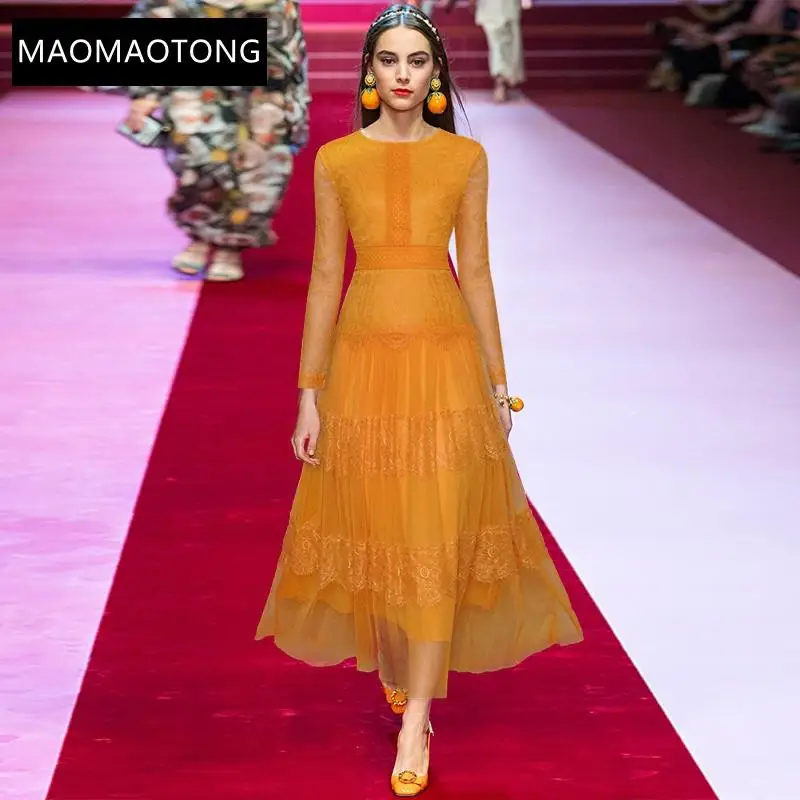

Fashion Runway Autumn Long Lace Dress Women's O-Neck Long Sleeve Hollow Out Solid Elegant Party Maxi Dress