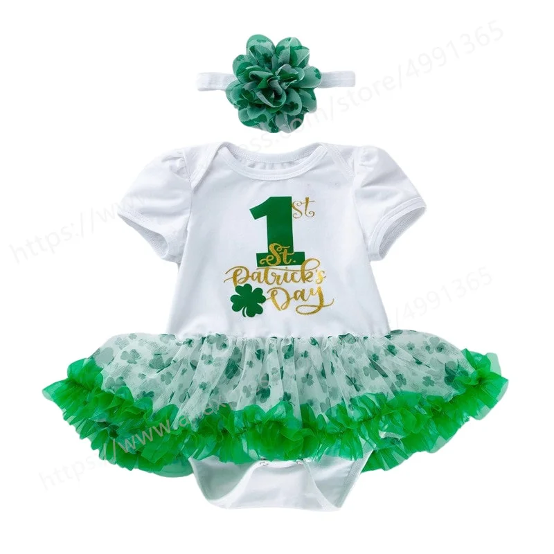 

Toddler Baby Girls St.Patrick’s Dress Outfits Shamrock Princess Party Dress Playwear Tutu Skirt + Headband