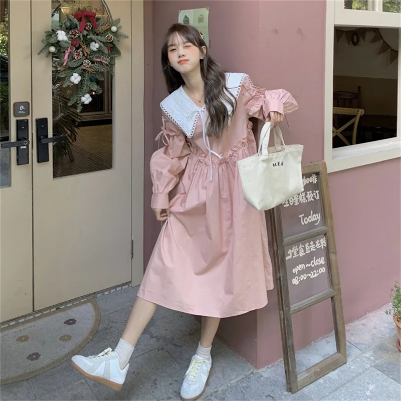 

Korean Winter Vintage Preppy Style Folds Dress Kawaii Peter Pan Collar Full Sleeve Bandage Bow Sweetheart Pink Long Dresses