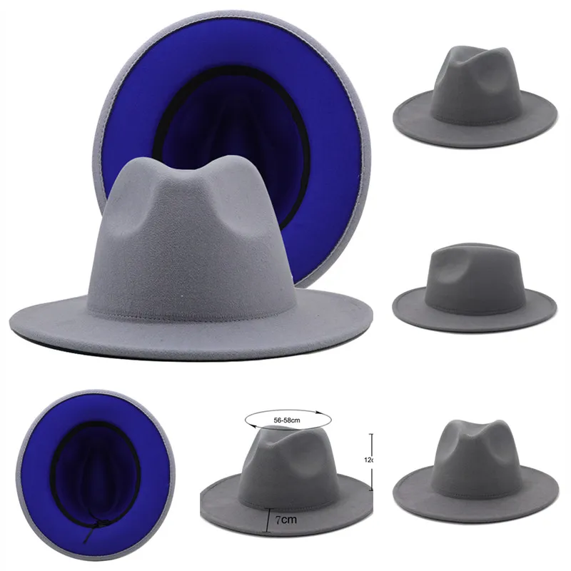 Простая шляпа джаза федора заплатками, синий внутри, серый снаружи, в стиле британской треби для вечеринок, формальных и панамских костюмов.