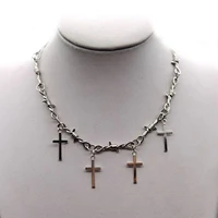 trendy punk silver color titanium steel thorns chain short necklaces for women fashion geometric cross necklace pendant collares