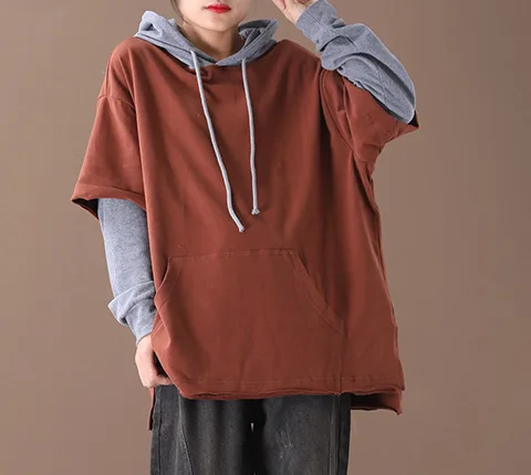 Весенние свитшоты Женские повседневные Лоскутные с капюшоном и карманами