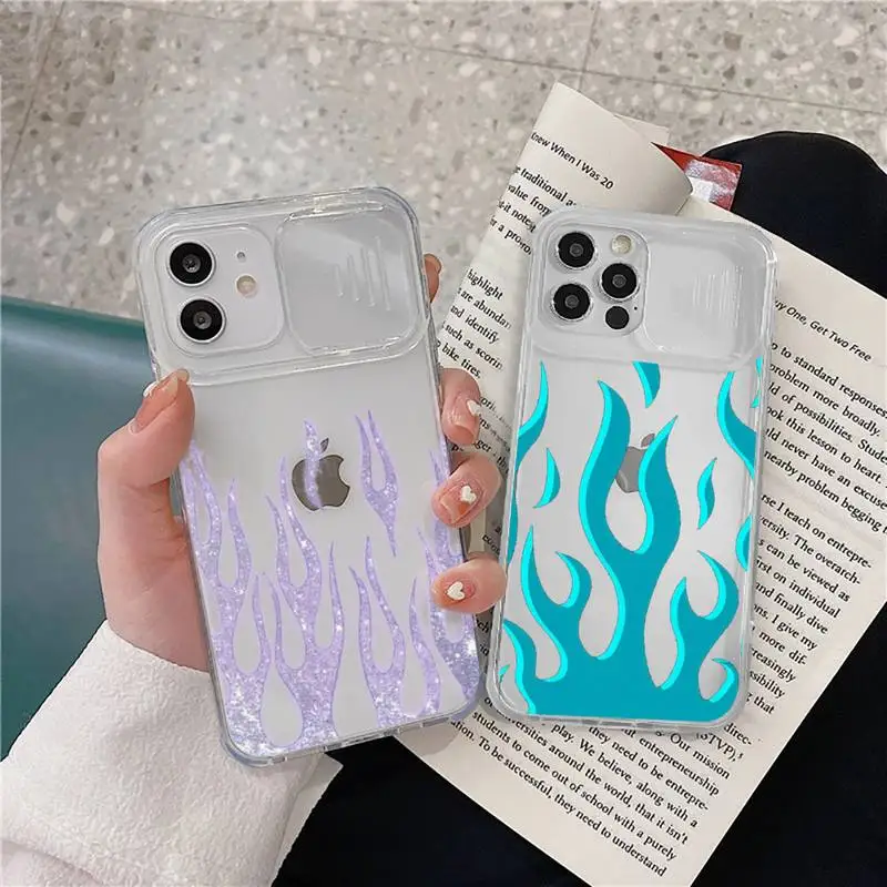 

Fashion Flame Pattern Phone Case transparent For iPhone 7 8 11 12 X XS XR MINI Pro Max Plus Slide Camera Lens Protect