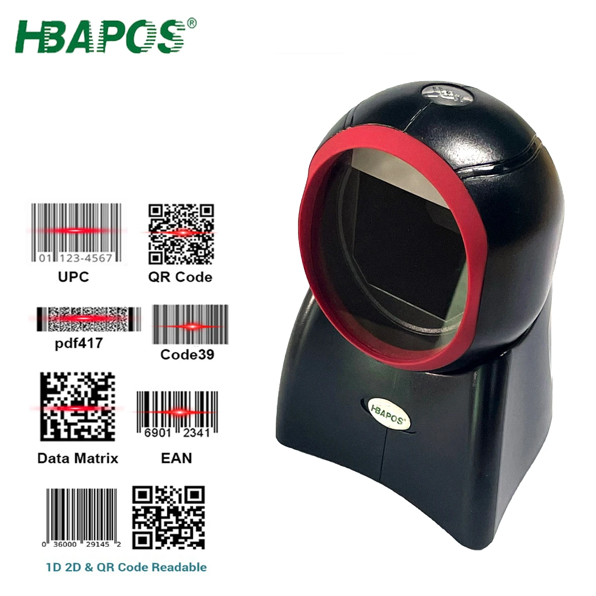 

Настольный сканер штрих-кодов HBAPOS 1D 2D, гарнитура с проводным USB считывателем штрих-кодов, автоматический сенсор, быстрый декодер, регулируем...