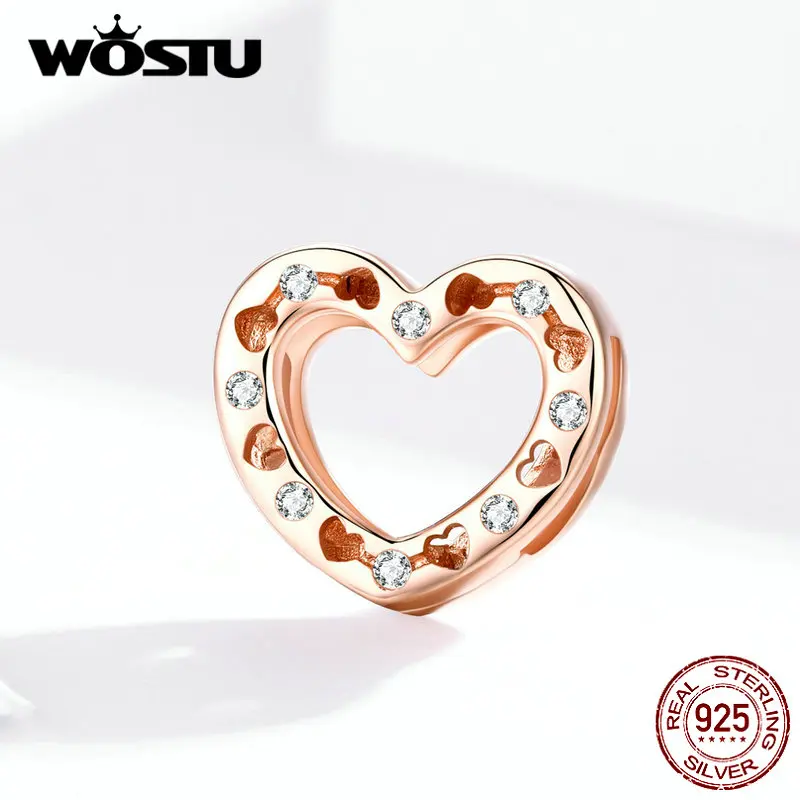 WOSTU 925 пробы серебра «любящее сердце» серебряные шарики Циркон розовое золото, очаровательный, подрходит к оригиналу Браслеты& Браслеты-кольца с серебро 925 ювелирные изделия CQX106