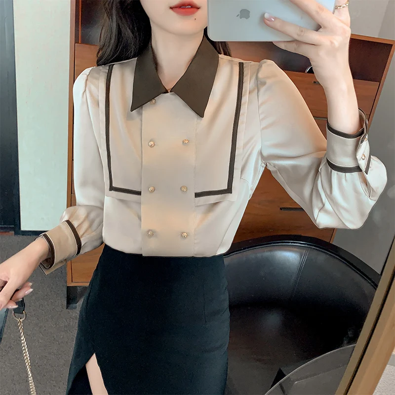 

Shirt Womens Tops Autumn 2021 New Long Sleeve Solid Single Breasted Panelled Square Collar Straight Apricot Women Shirts