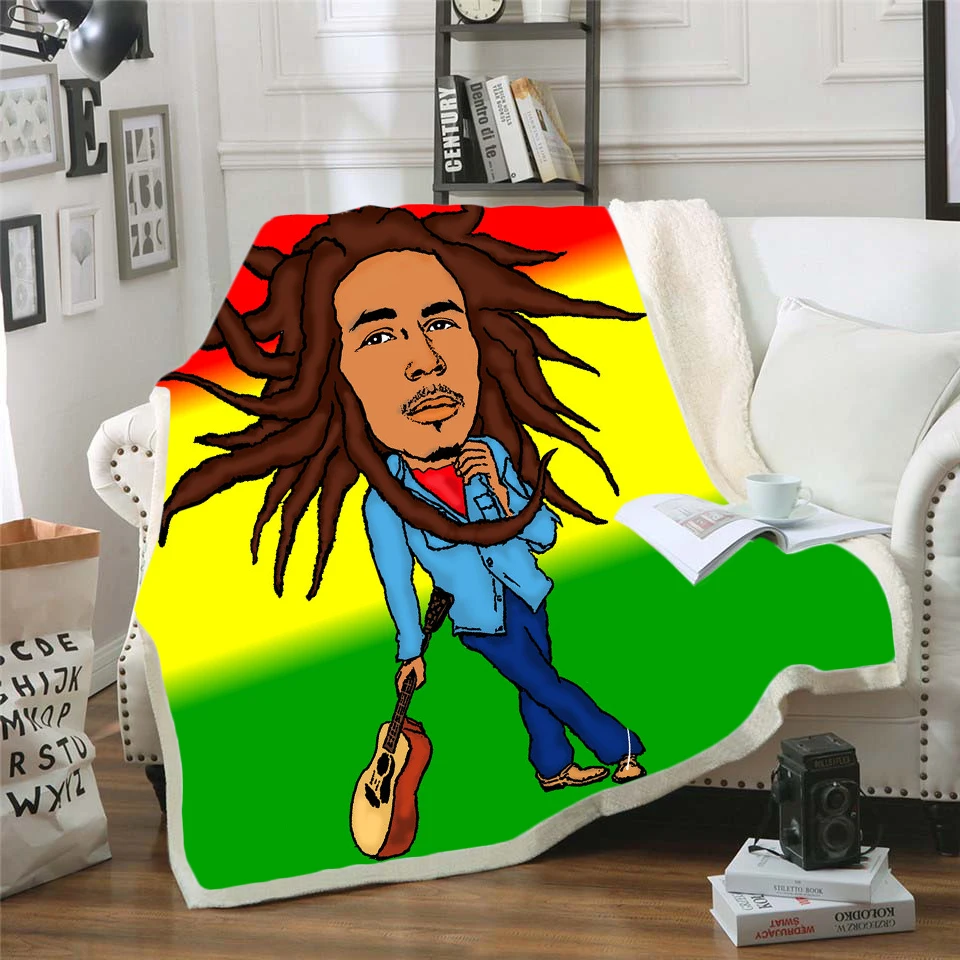 

Одеяло Reggae Singer Bob Marley с забавными персонажами, одеяло с 3D принтом шерпы на кровати, домашний текстиль, сказочный стиль 09