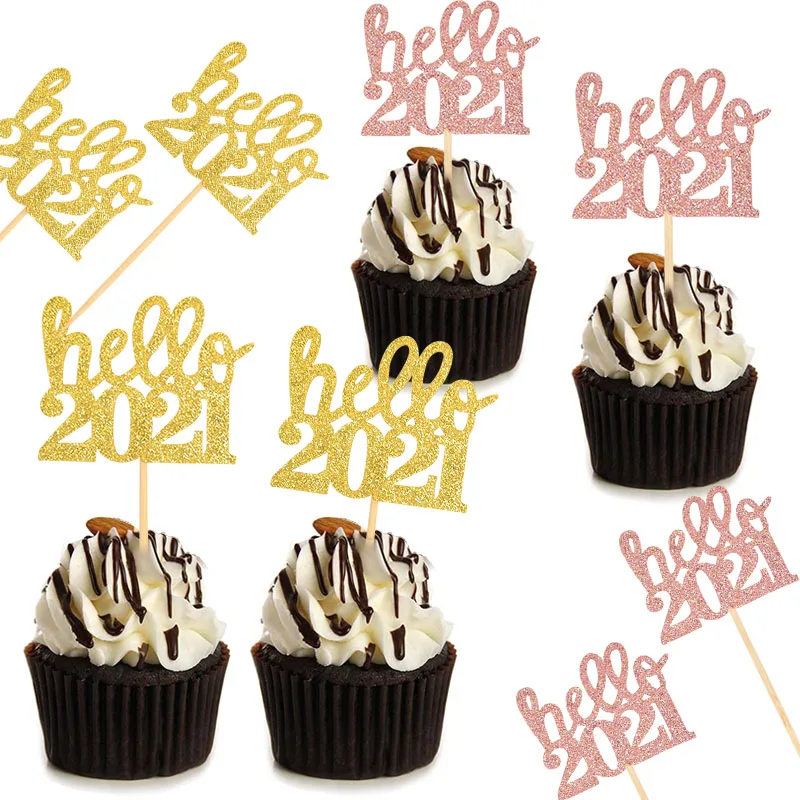12 шт./лот Hello 2021 Новогодняя бумага для кексов с буквами Топпер десертное украшение