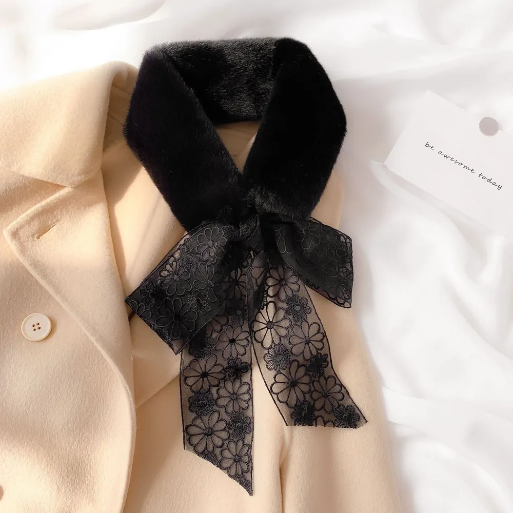 

Lace Flower Faux Fur Scarf Women Winter Spring Fashion Thick Warm Neck Collar Scarves Ladies Foulards Girl Trendy Accessories