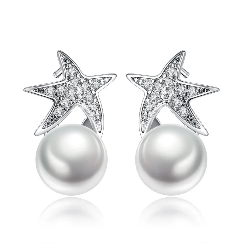 

Bohemia Style Starfish Pearl Anti Allergy Stud Earring 2021 Fashion Women AAA Zircon Earring Women Wedding Anniversary Jewelry