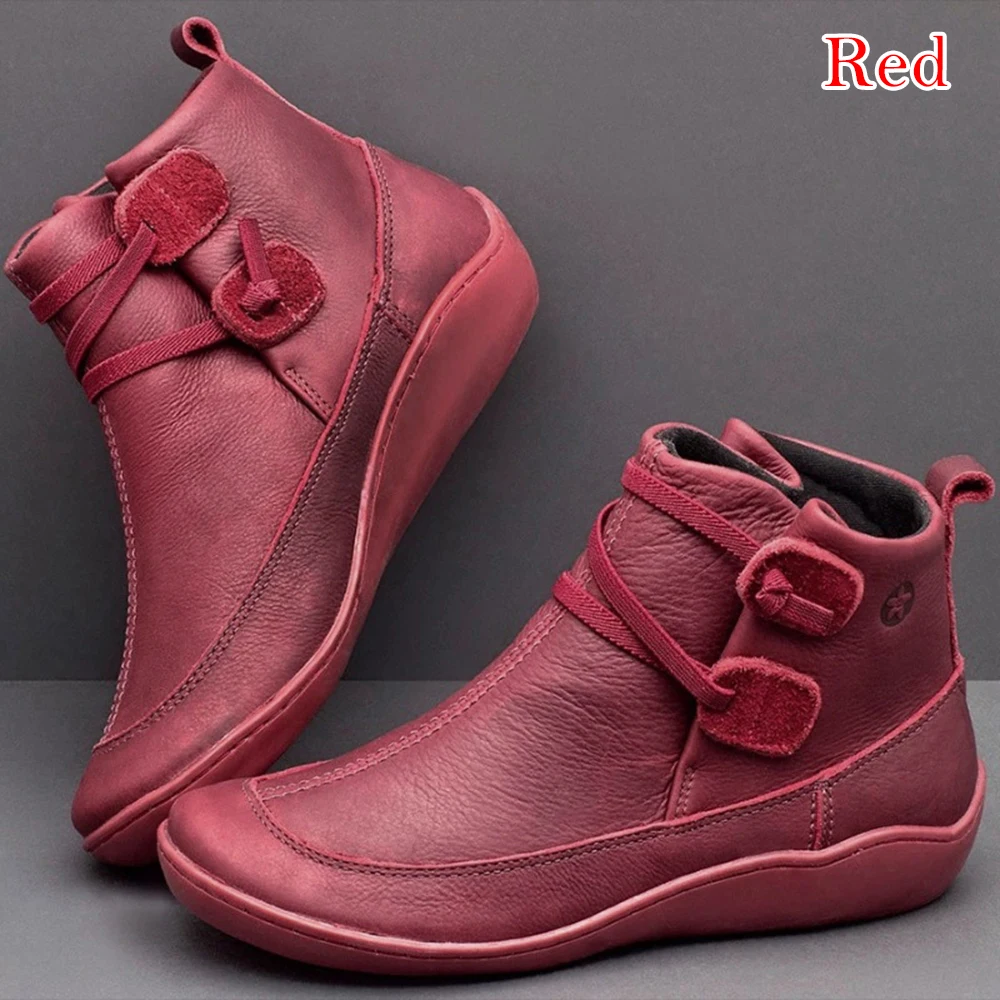 Dropshipping Women PU Leather Ankle Boots Winter Snow Flat Shoes Ladies Short Plush Cross Strap Vintage Botas Mujer | Обувь