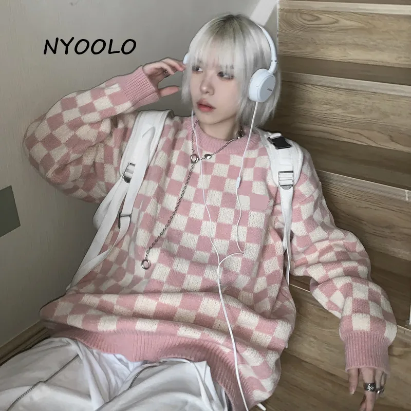 

Уличная одежда NYOOLO в стиле Харадзюку, розовые клетчатые пуловеры оверсайз с длинным рукавом, вязаные свитера, женская одежда, зимняя теплая ...