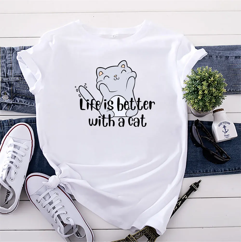 

Summer Cotton Women T Shirt 5XL Plus Size Cat Print Short Sleeve Graphic Tee Tops Casual O-Neck Female TShirt