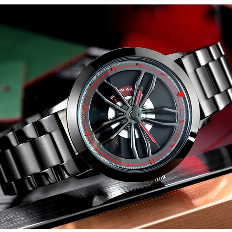 

New Men's Watch Wheel Design Personality Watches For Men's Fashion Steel Band Waterproof Rotating Quartz Watch