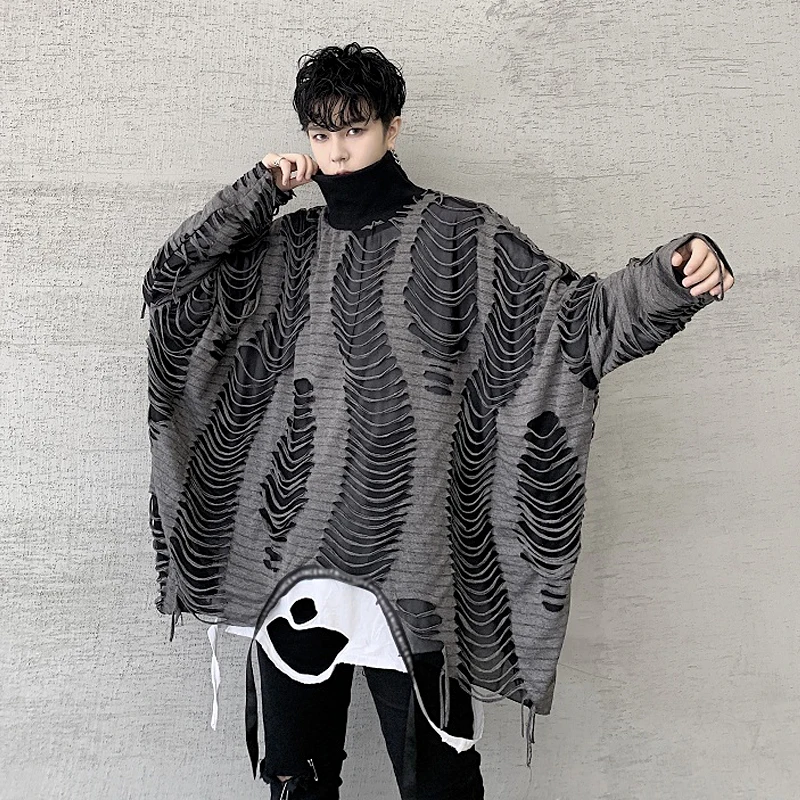 Spring autumn men ripped hole oversized punk hoodie stand collar sweatshirt vintage patchwork loose pullover | Мужская одежда