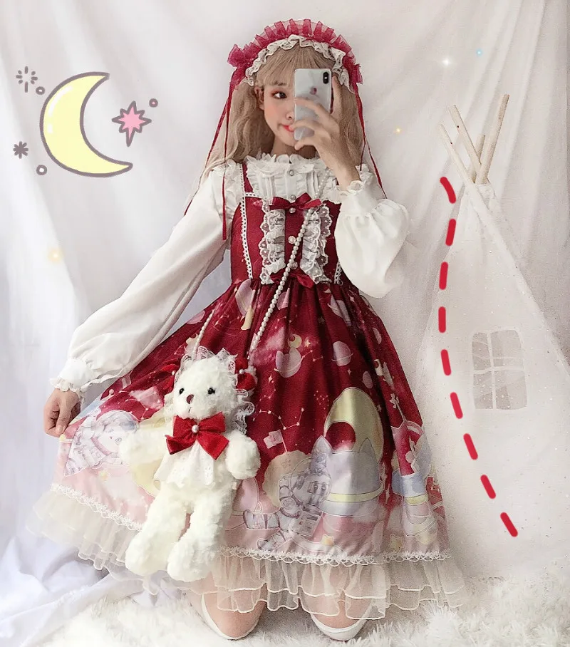 

Japanese Kawaii Lolita Dress Flouncing Lace Trim Lolita OP Dress For Women Gothic Cartoon Long Sleeve Princess Tea Party Dresses
