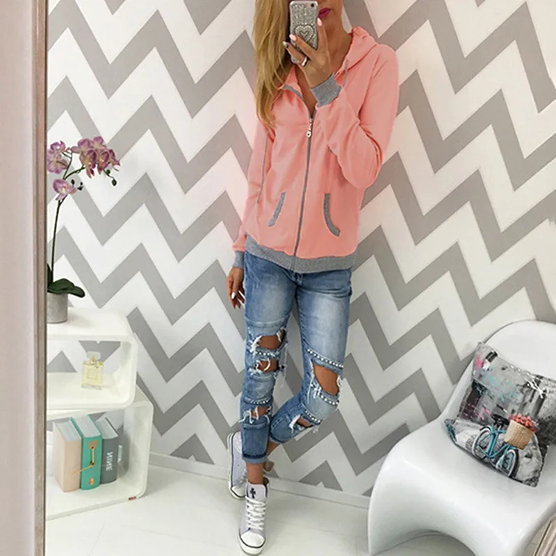 

Women's Spring Winter Hoodies Long Sleeve Patchwork Colors Sweatshirts Casual Pockets Zipper Hooded Ladies Outerwear Clothing
