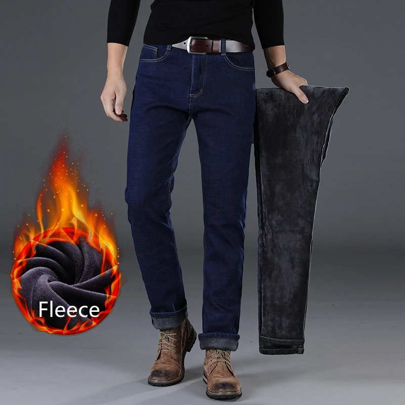 2021 Winter New Men'S Regular Fit Fleece Jeans Classic Fashion Loose Straight Keep Warm Pants Male Brand Stretch Denim Trousers