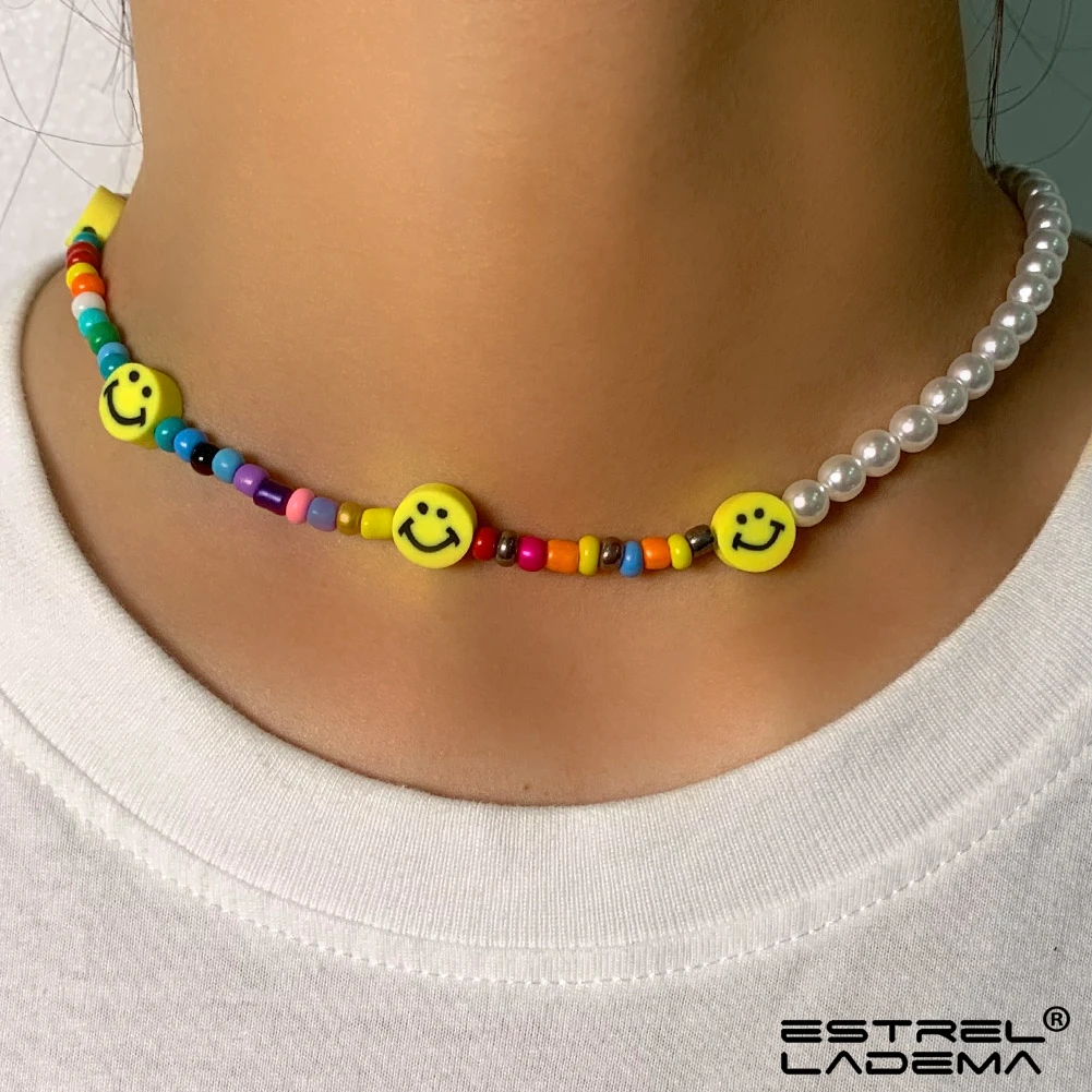 

Bohemia Colorful Handmade Asymmetric Pearl Smiley Face Beads Necklace For Women Beaded Short Choker Necklace Fashion New Jewelry