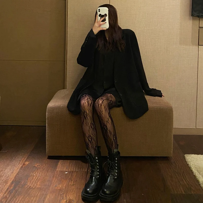 Готические колготки черные белые розовые Лолита сетчатые кружевные чулки для