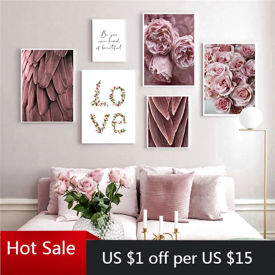 Скандинавский розовый цветок перо скандинавские принты настенная Картина на