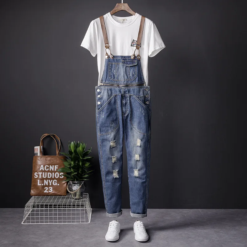 Ripped Overalls Men Jeans Bib Removable Waist Streetwear Hip Hop Hole Denim Jumpsuits Trousers Leisure Tattered Freight Pants