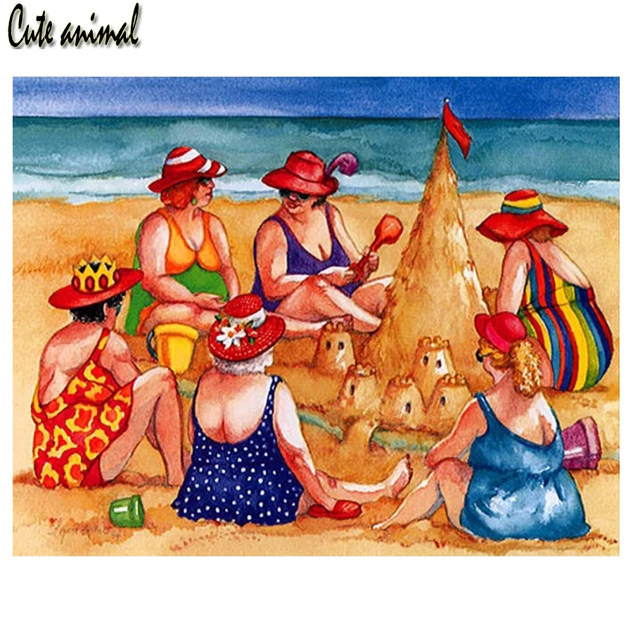 

Needlework Diamond Painting beach fat ladies Full Square Round Diamond Embroidery Rhinestone Pictures Mosaic 5D Home Decor