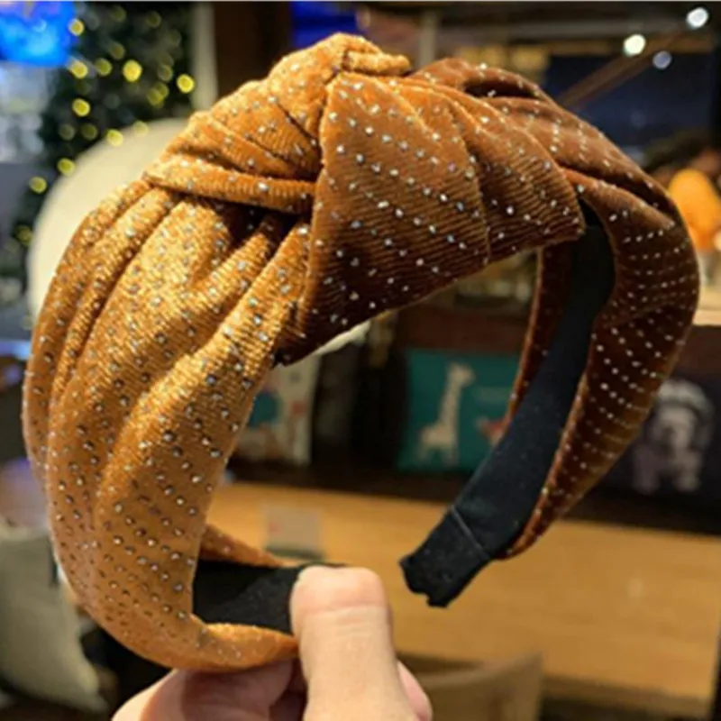 

Winter Velvet Headbands Wide for Women Crystal Hot Drill Headbands Knotted Center Adults Solid Velvet Hairband Head Band Crystal