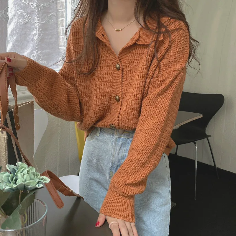 

New Retro Lapel Long-sleeved Knit Cardigan Solid Color Loose Sweater Women Cardigan Autumn Oversized