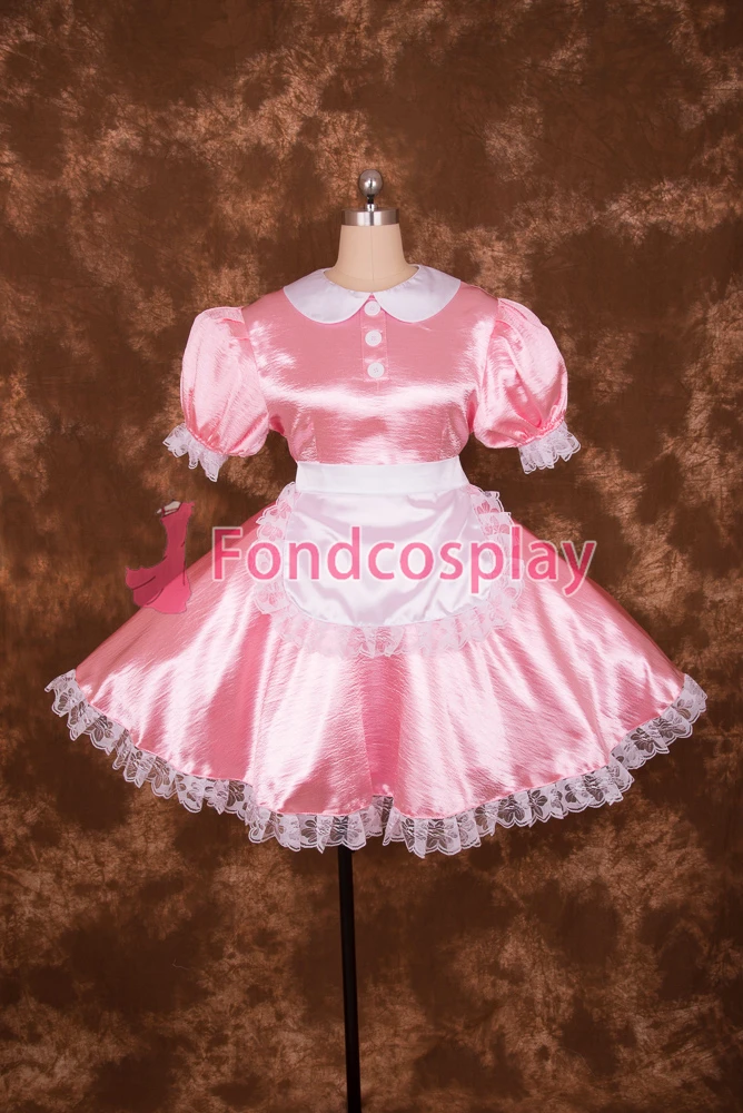 

fondcosplay adult sexy cross dressing sissy maid short Lockable baby Pink Satin Lace Dress white apron Costume Uniform[S013]