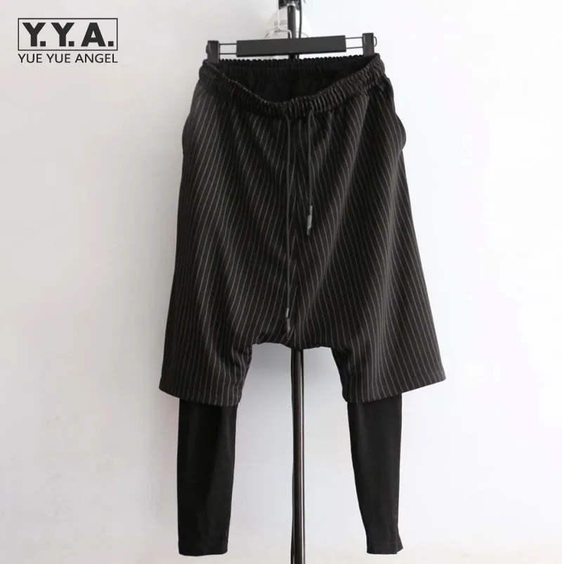 

Hip Hop Two Pieces Harem Pants Men Summer Drawstring Elastic Waist Loose Drop Crotch Casual Mens Trousers Gothic Striped Pants