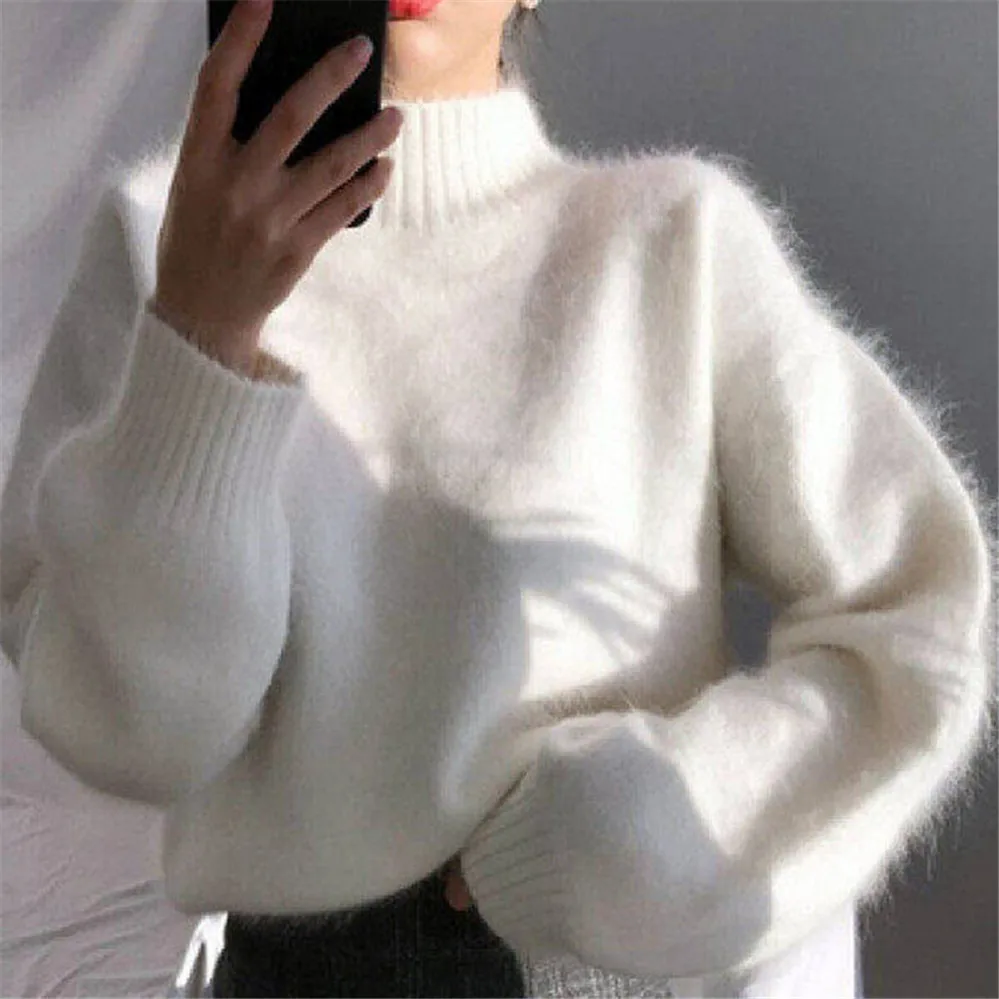 Фото 2021 Модные женские свитера женская верхняя одежда белый свитер с высоким воротом